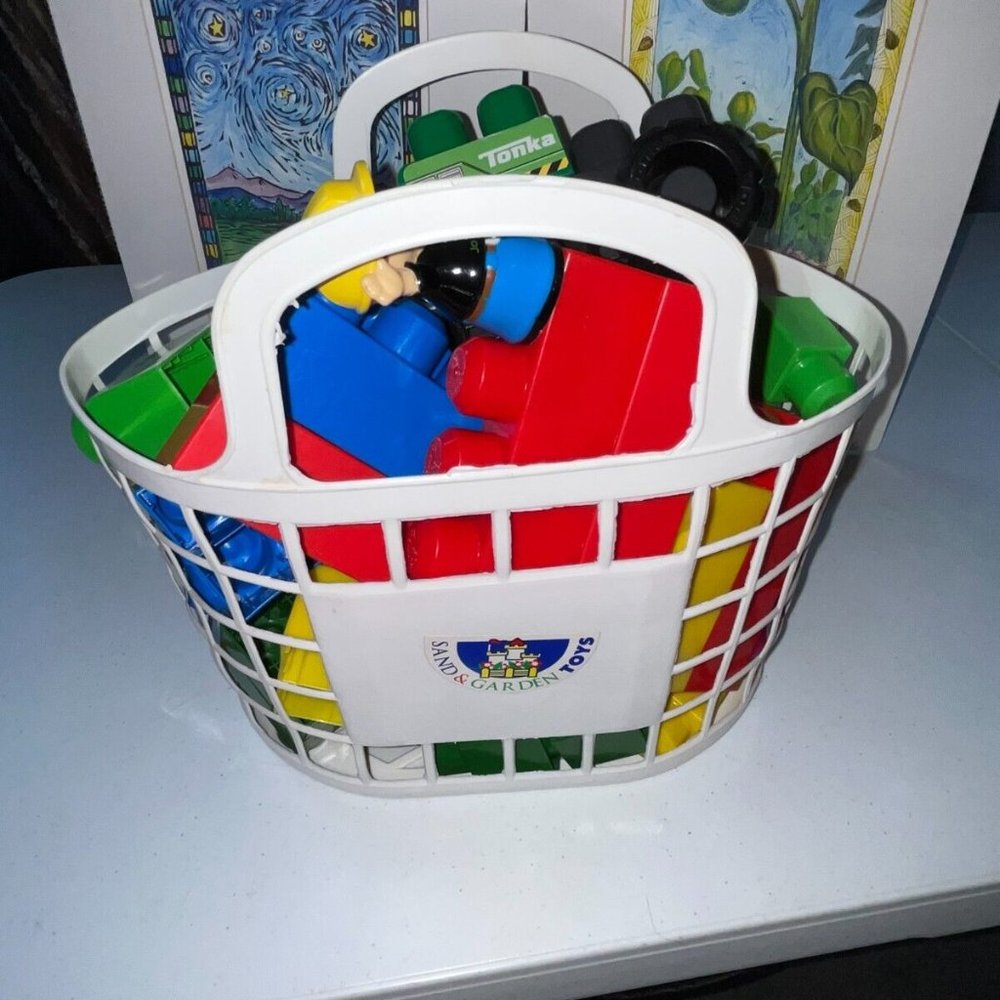 LOT of Mega Plastic Large Building Block Toys & Basket + More